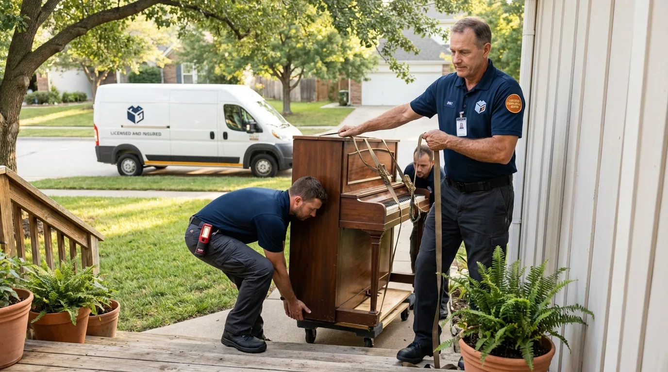 Licensed piano movers securing grand piano in Narrows, VA