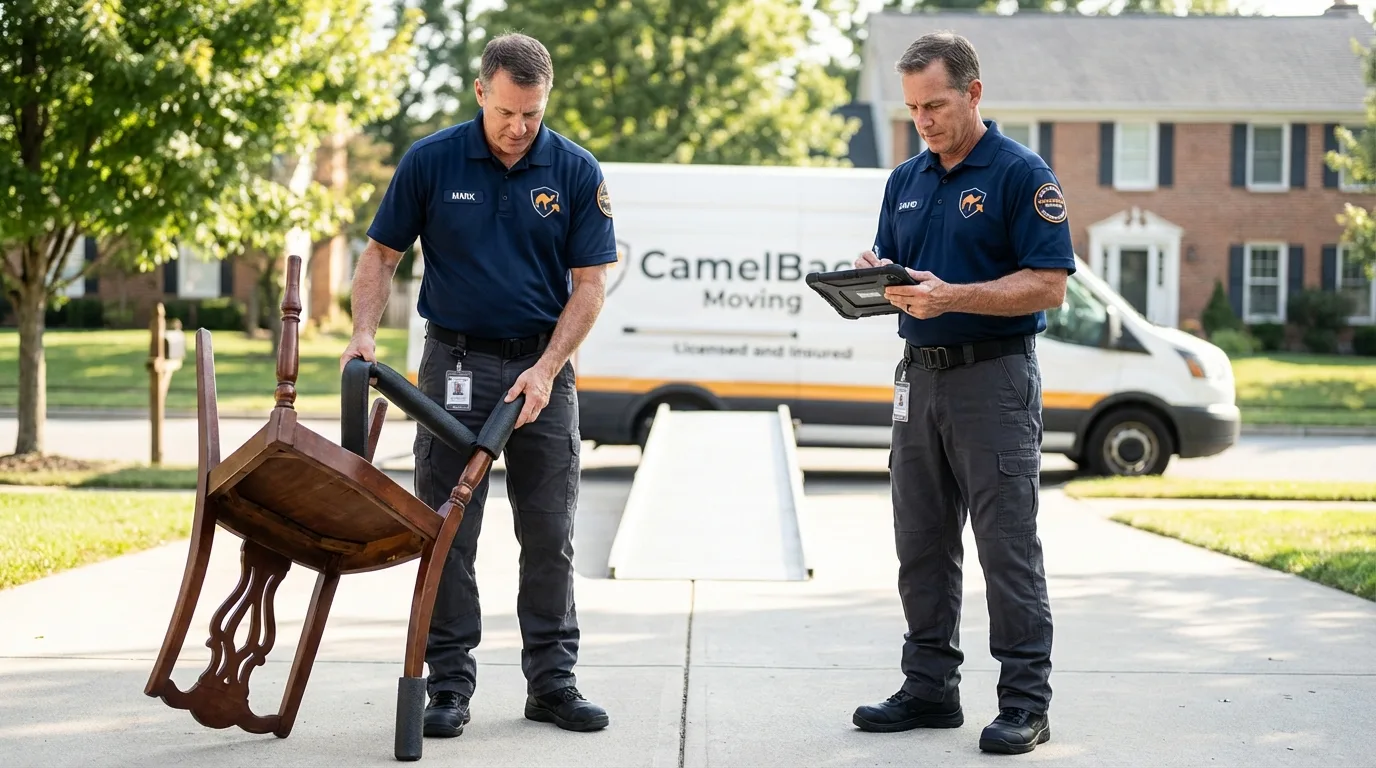 Movers inspecting furniture for damage prevention before loading in Narrows, VA